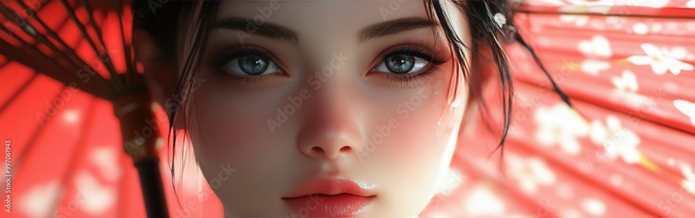 Fototapeta premium Hyper-realistic portrait of a modern geisha with porcelain skin and adorned hair