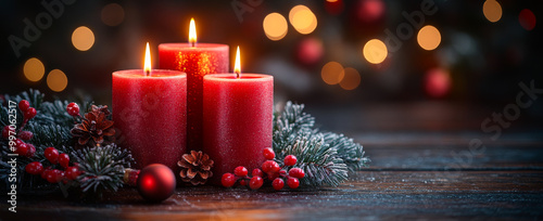 Three red candles are lit on a wooden table with a wreath of pine needles and berries. The candles are surrounded by a festive atmosphere, creating a warm and inviting ambiance