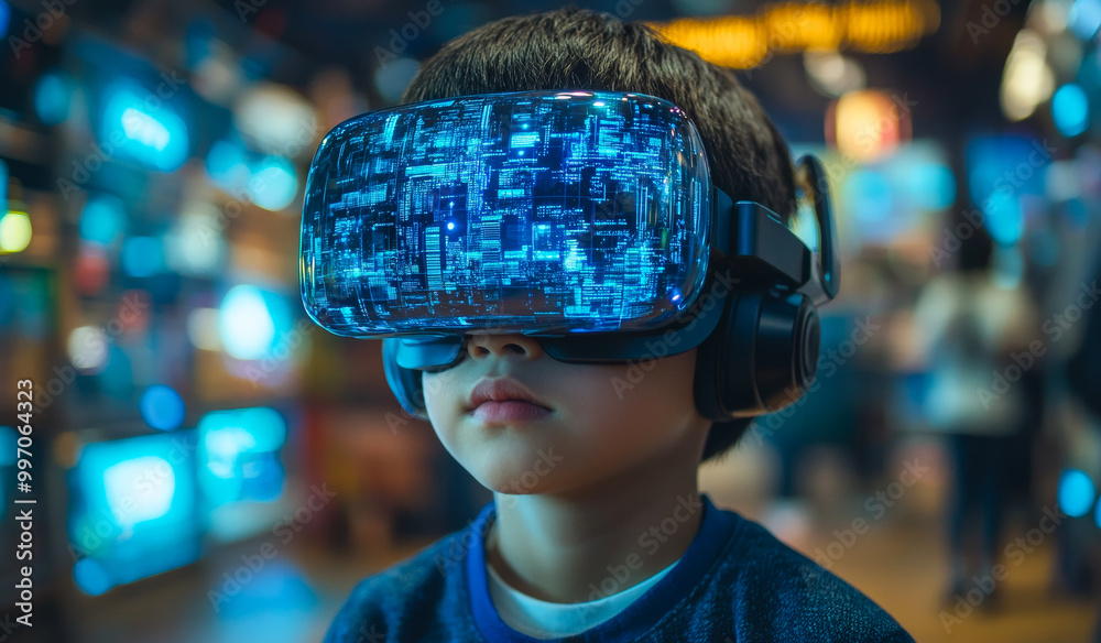 A young boy wearing a virtual reality headset is looking at a screen. Concept of excitement and wonder as the boy experiences the virtual world A young boy wearing a virtual reality headset is looking at a screen. Concept of excitement and wonder as the boy experiences the virtual world