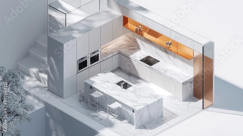 Isometric 3D visualization of a luxury kitchen with marble countertops and high-end appliances, displayed from above on a white background