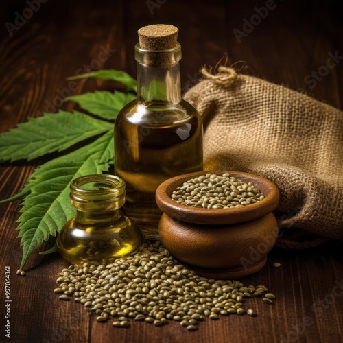 Hemp Seeds, Oil and Leaf on Wooden Table