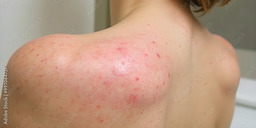 Fototapeta premium Acne Breakout with Red Inflamed Skin on Shoulder