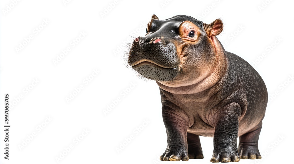 Obraz premium Angry baby hippo standing with its mouth slightly open, eyes narrowed, and wrinkled nose, as if protesting something. The plain white background emphasizes its tiny yet fierce expression.