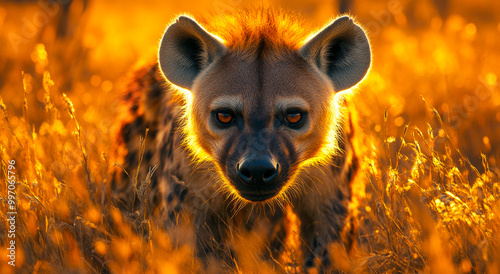 A hyena is standing in a field of tall grass. The sun is shining brightly on the hyena, making it look fierce and intimidating