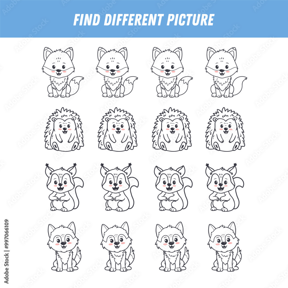 Find different animal in each row. Logical game for kids. Cartoon fox, hedgehog, squirrel, wolf. Vector illustration Find different animal in each row. Logical game for kids. Cartoon fox, hedgehog, squirrel, wolf. Vector illustration