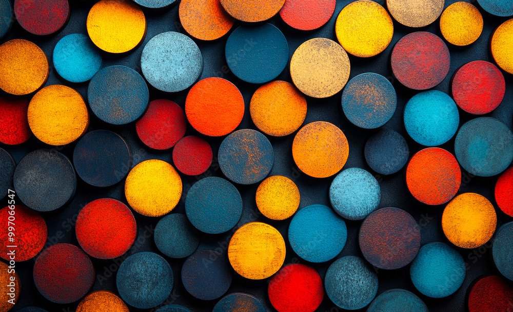 A colorful pattern of circles is displayed in a black background. The circles are of various sizes and colors, creating a vibrant and dynamic composition. Scene is energetic and lively A colorful pattern of circles is displayed in a black background. The circles are of various sizes and colors, creating a vibrant and dynamic composition. Scene is energetic and lively