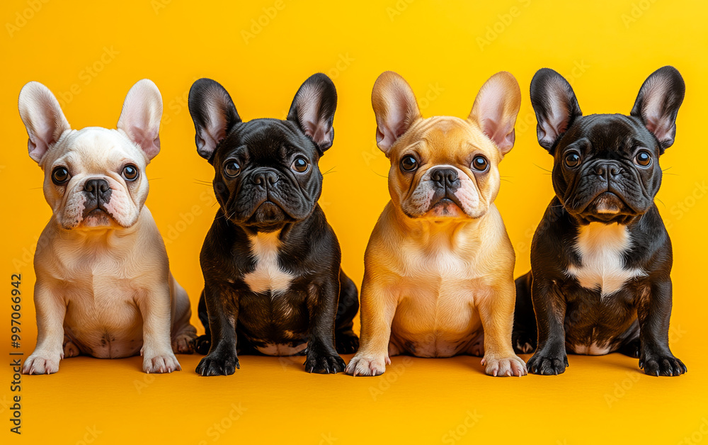 Four puppies are sitting on a yellow background. They are all different colors and sizes. Scene is happy and playful Four puppies are sitting on a yellow background. They are all different colors and sizes. Scene is happy and playful