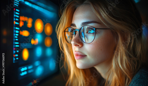 A woman with glasses is looking at a computer screen with a lot of numbers and graphs. She is focused and attentive, possibly working on a project or analyzing data