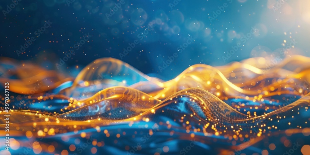 Abstract glowing waves with sparkling particles in blue and gold tones, depicting a dynamic flowing design Beautiful blend of colors creates a captivating visual effect Abstract glowing waves with sparkling particles in blue and gold tones, depicting a dynamic flowing design Beautiful blend of colors creates a captivating visual effect