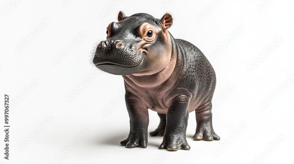Smiling baby hippo standing on its short legs, with a playful expression and wrinkled skin. The white background emphasizes the hippo's sweet and gentle appearance. Smiling baby hippo standing on its short legs, with a playful expression and wrinkled skin. The white background emphasizes the hippo's sweet and gentle appearance.