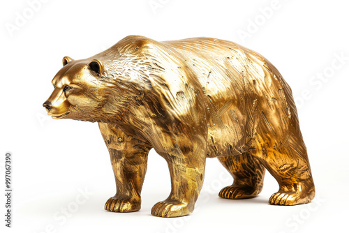 A large gold bear statue stands on a white background, symbolizing the concept of a bear market, which represents a period of declining stock prices in the financial market. photo