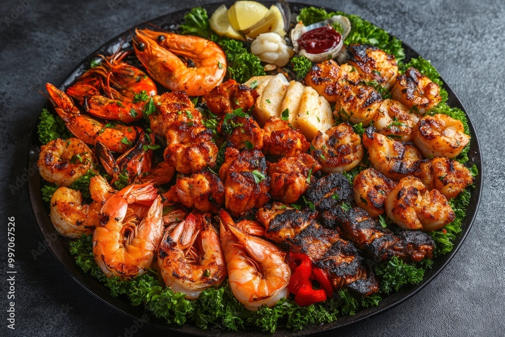 A variety of seafood mix grill on a large platter. King prawns, crab phalanges, Fillet fish, Shrimps, Kofta Shrimps - generative ai A variety of seafood mix grill on a large platter. King prawns, crab phalanges, Fillet fish, Shrimps, Kofta Shrimps - generative ai
