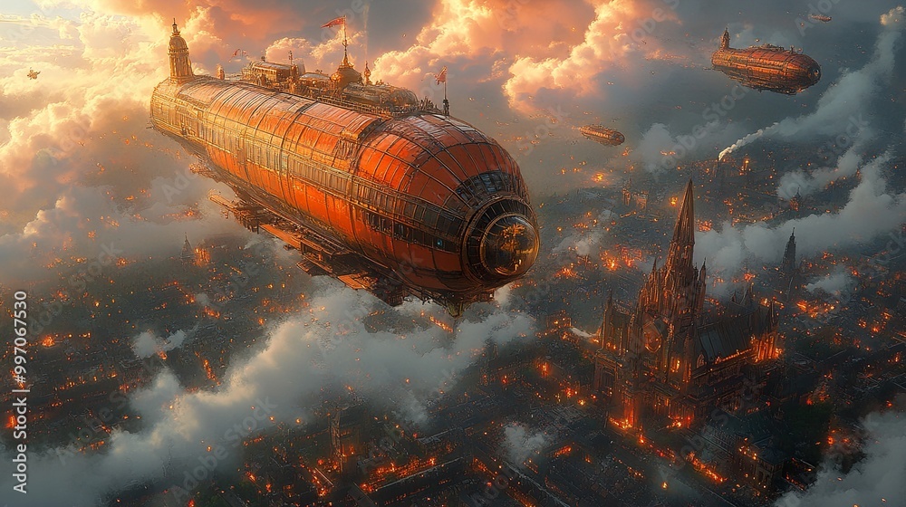 Airship Soaring Over a Futuristic Cityscape Airship Soaring Over a Futuristic Cityscape