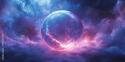 Mystical glowing crystal ball surrounded by ethereal mist in blue and purple hues