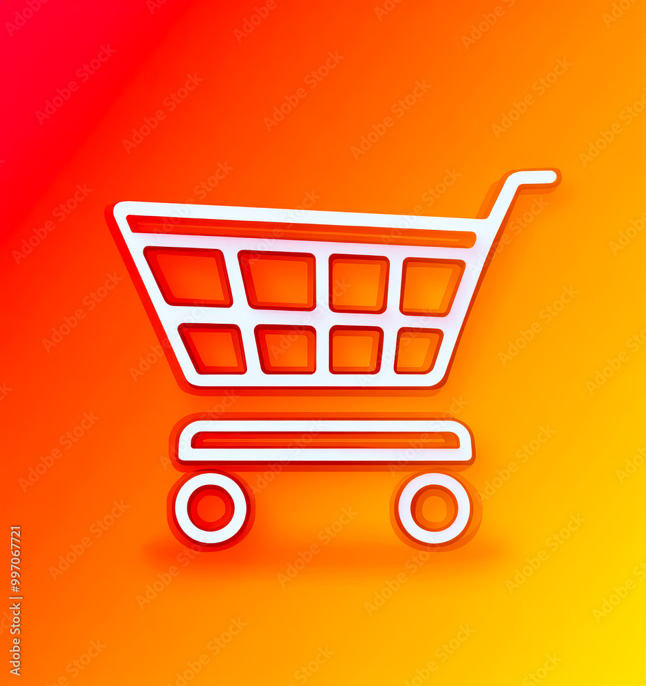 A shopping cart with wheels is shown on an orange background. The cart is white and has a red stripe