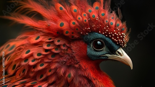 Vibrant Red Bird with Green and Black Feathers