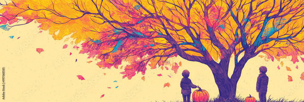Fototapeta premium Two children stand under a vibrant autumn tree, pumpkins by their side.