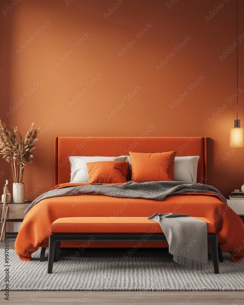 Modern Bedroom Interior with Orange Bed, Bench and Lamp. 3D Render Modern Bedroom Interior with Orange Bed, Bench and Lamp. 3D Render