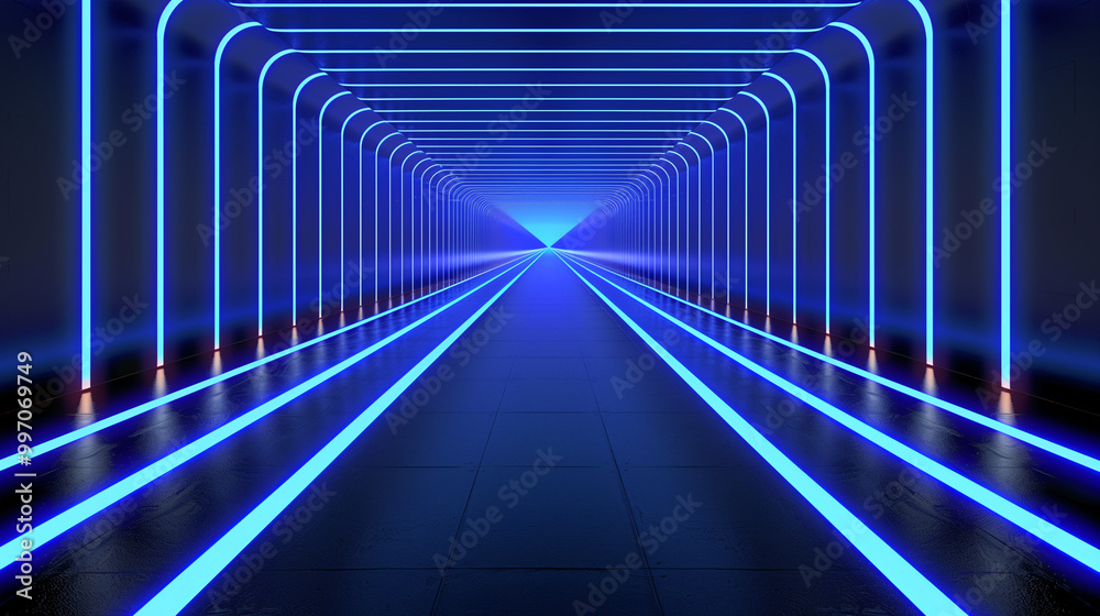 Futuristic blue neon tunnel with glowing lines and perspective