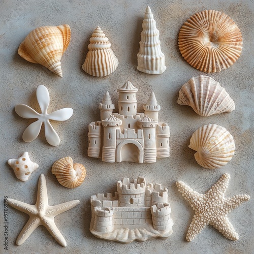 A collection of seashells and sandcastle shapes arranged in a square on a textured background. photo