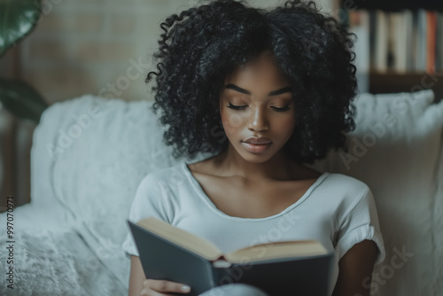 African American woman Reading a book in the living room.