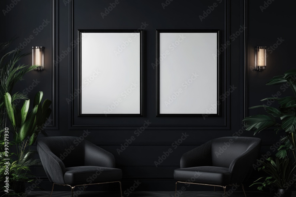 Minimalist Living Room Interior with Two Empty White Posters and Green Accents Minimalist Living Room Interior with Two Empty White Posters and Green Accents