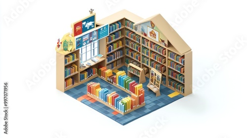 Multilingual library with cultural displays, depicted in a top-down isometric 3D render, on an isolated white background.