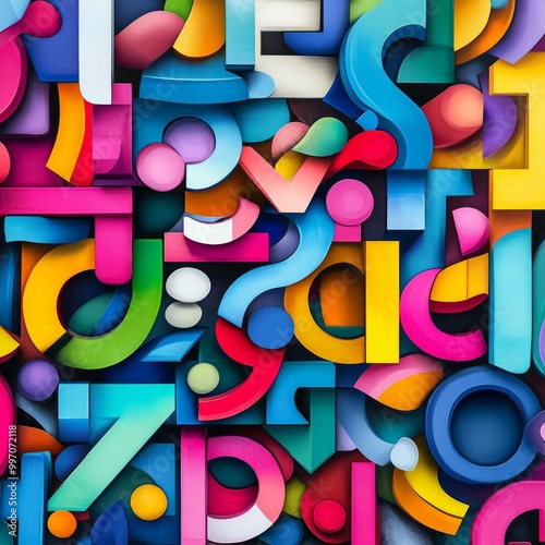 A colorful abstract pattern made of letters and numbers.