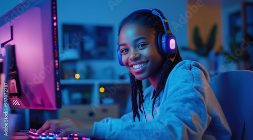 Jovem gamer negra jogando em computador com fones de ouvido, ambiente iluminado com luzes coloridas, criada com IA generativa. photo