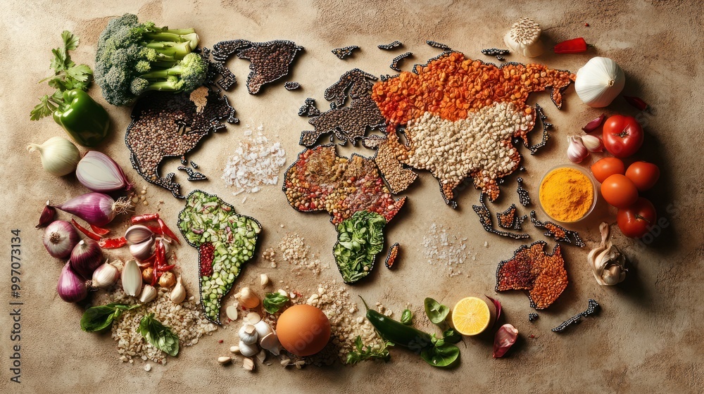 Fototapeta global cuisine diversity map made of food ingredients and vegetables concept illustration