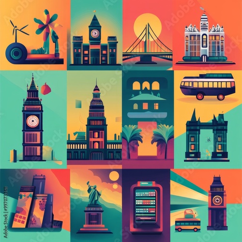 A colorful illustration depicting iconic landmarks from around the world.