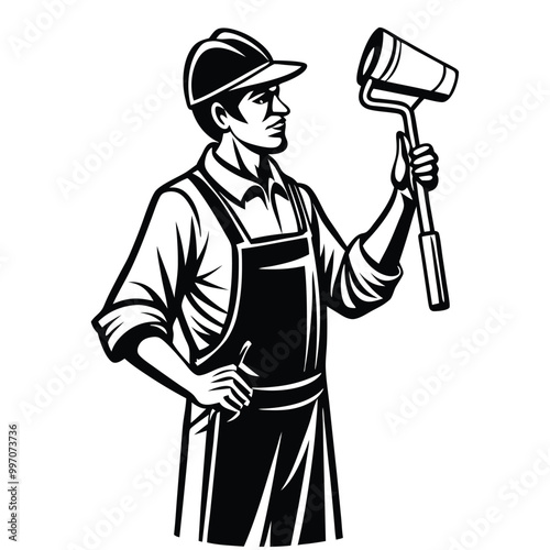 a painter, vector black color silhouette, isolated white background, 