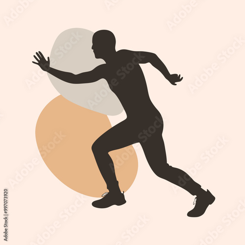 a black silhouette of a person in a running pose. The person appears to be in mid-stride, 