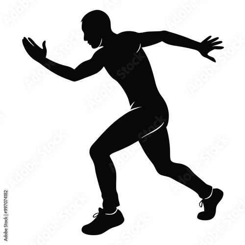 a black silhouette of a person in a running pose. The person appears to be in mid-stride, 