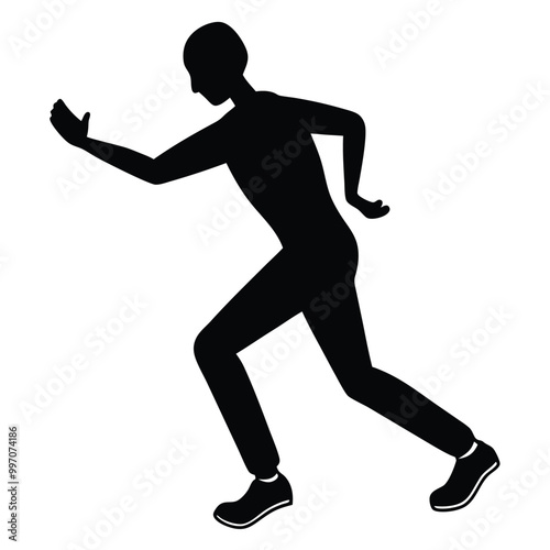 a black silhouette of a person in a running pose. The person appears to be in mid-stride, 