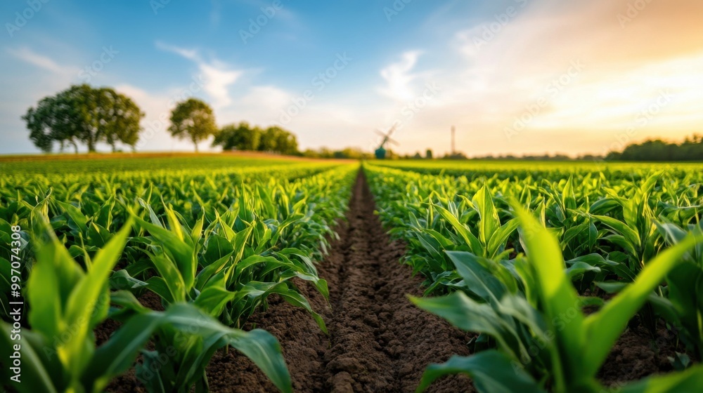 Fototapeta premium Lush Cornfield Under Brilliant Sky at Sunset