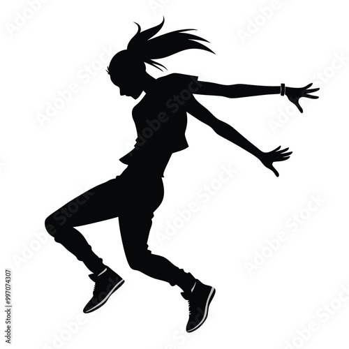 a black silhouette of a person in mid-air, with their arms stretched out to the sides. The person appears to be in the middle of a dance move,  