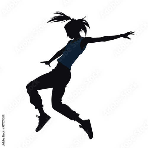 a black silhouette of a person in mid-air, with their arms stretched out to the sides. The person appears to be in the middle of a dance move,  