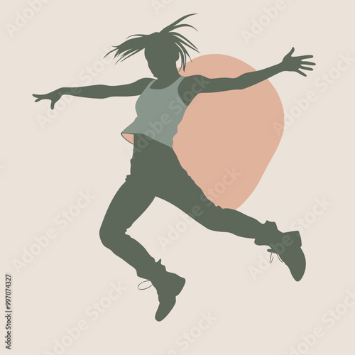 a black silhouette of a person in mid-air, with their arms stretched out to the sides. The person appears to be in the middle of a dance move,  