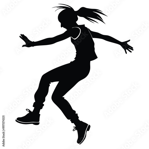 a black silhouette of a person in mid-air, with their arms stretched out to the sides. The person appears to be in the middle of a dance move,  
