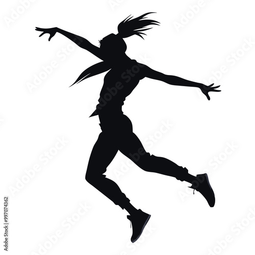 a black silhouette of a person in mid-air, with their arms stretched out to the sides. The person appears to be in the middle of a dance move,  