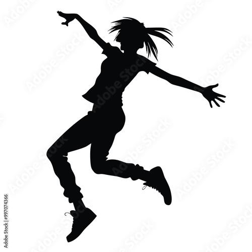 a black silhouette of a person in mid-air, with their arms stretched out to the sides. The person appears to be in the middle of a dance move,  