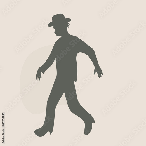 a black silhouette of a person walking. The person appears to be in motion, with their arms and legs stretched out in front of them