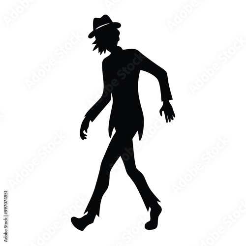 a black silhouette of a person walking. The person appears to be in motion, with their arms and legs stretched out in front of them