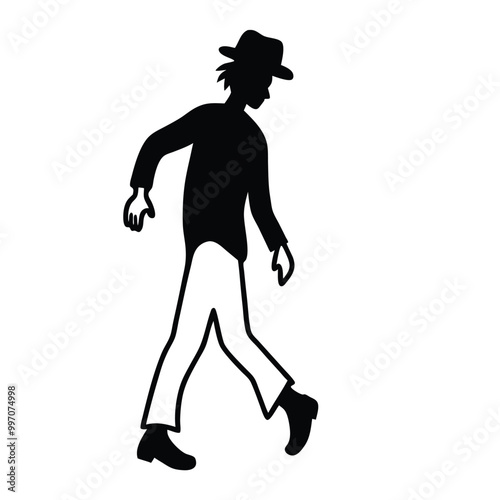 a black silhouette of a person walking. The person appears to be in motion, with their arms and legs stretched out in front of them