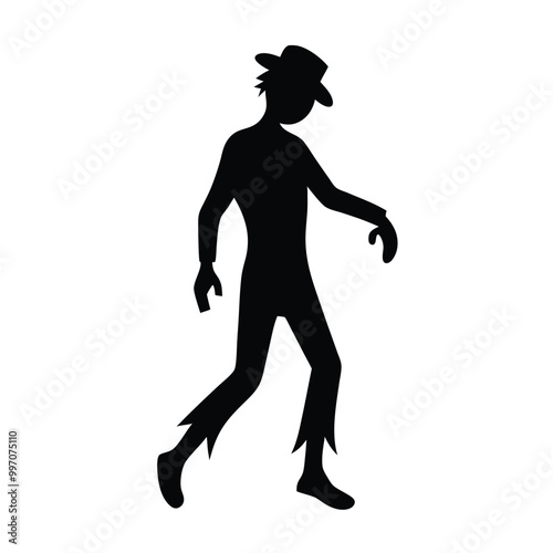 a black silhouette of a person walking. The person appears to be in motion, with their arms and legs stretched out in front of them