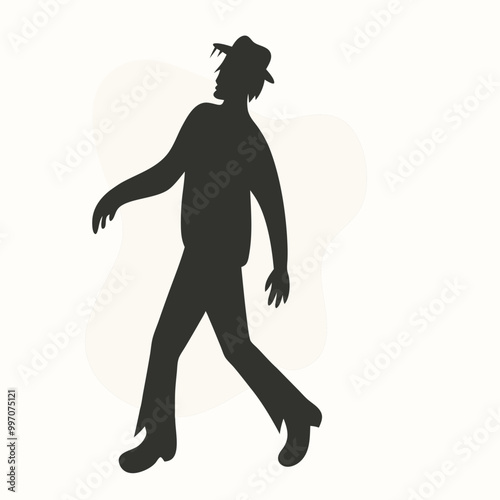 a black silhouette of a person walking. The person appears to be in motion, with their arms and legs stretched out in front of them