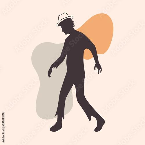 a black silhouette of a person walking. The person appears to be in motion, with their arms and legs stretched out in front of them