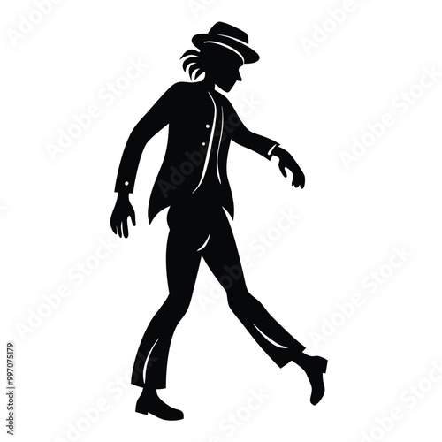 a black silhouette of a person walking. The person appears to be in motion, with their arms and legs stretched out in front of them