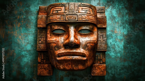 Green and gold background with intricate details on an ancient bronze mask. photo